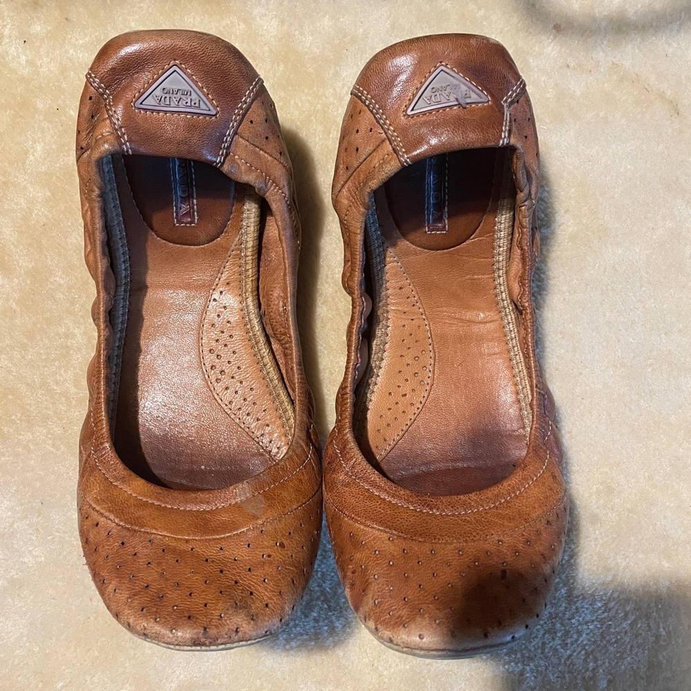Prada Brown Leather Flats with Elastic Comfort